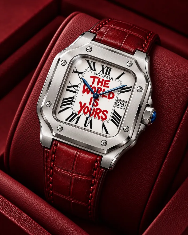 Mouradi Ambition, boîtier carré et bracelet cuir rouge